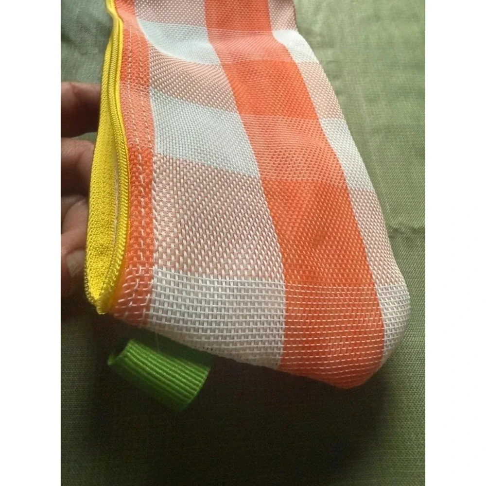 Orange Gingham Mesh Cosmetic Pouch Pencil Pouch Dorm Organizer